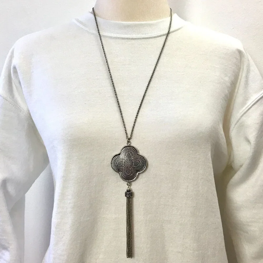Jingle & Joy Necklace Quatrefoil Tassel Pendant Silver Tone 32in Rope Chain